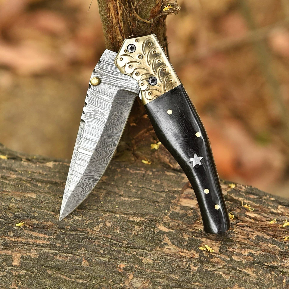 Handmade Damascus Steel Folding Dagger Blade Pocket Knife Hunting Outdoor EDC - Image 4 of 4
