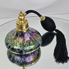 Art Glass Perfume Bottle Iridescent Mister Purple Atomizer Pump Tested Working