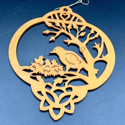 Vintage Artist Signed Wood Cut Out Wall Art Round Robin w/ Chicks Nest Tree 5.5''