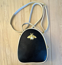 Black  White Small Crossbody Bag Bee Accent Zip Closure Gold Hardware