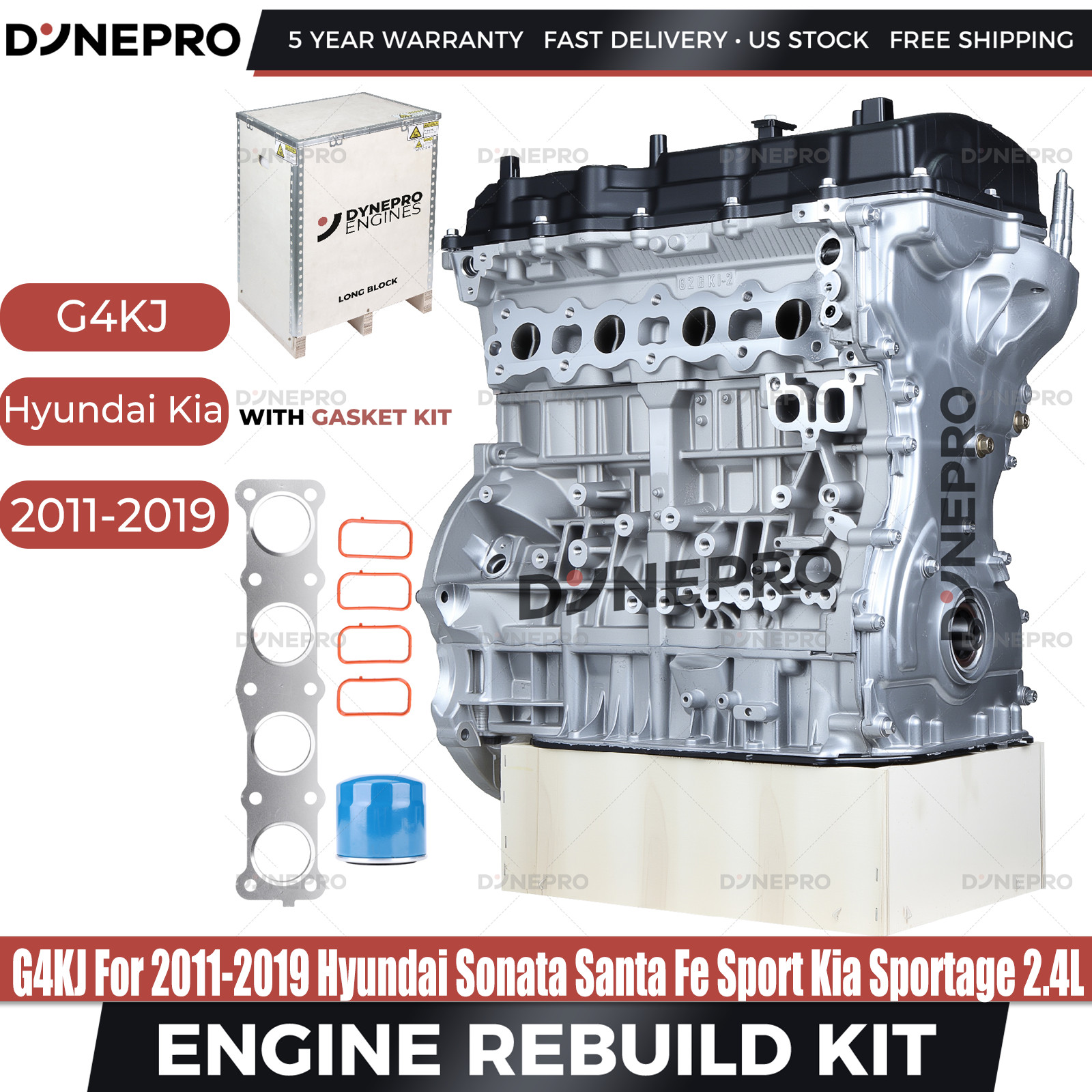 G4KJ 2.4L Long Block Engine For For 2011-19 Hyundai Santa Fe Sport Kia Sportage