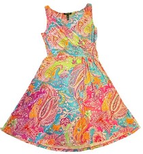 Lauren Ralph Lauren Faux Wrap Dress Womens Multicolor Paisley Sleeveless Size M