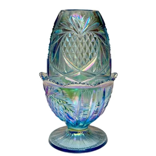 Vtg Fenton Fairy Lamp Blue Iridescent Carnival Pineapple Heart 95th Anniversary