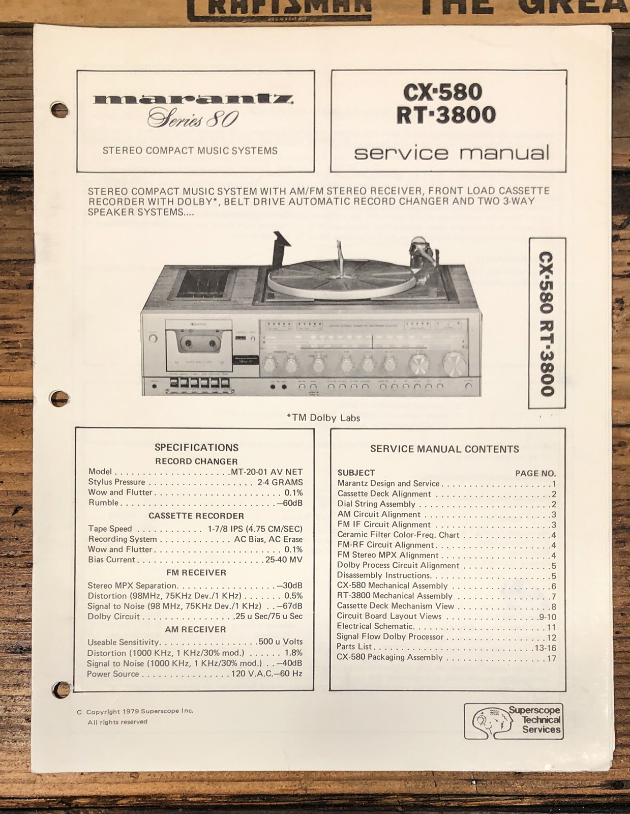 Marantz CX-580 RT-3800 Turntable / Stereo  Service Manual *Original*