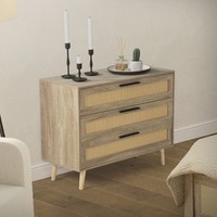 Kommode Mit 3 Schubladen Rattan Holz Kommodenschrank Anrichte Eiche 100X77X40 Cm