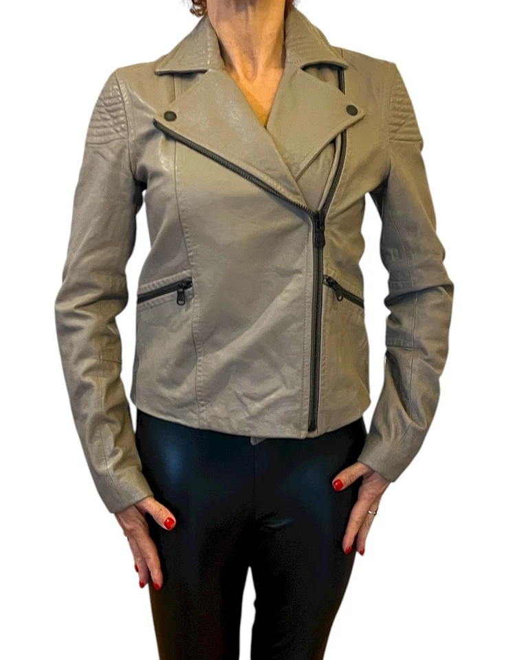 Chaqueta de motociclista Marc By Marc Jacobs para mujer Karlie Crop de cuero de cordero topo S Foto 4 de 4