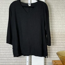 Match Point USA Black Linen Top Blouse Tunic V Neck 3/4 Sleeve XL