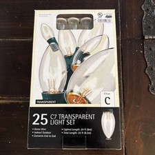 NIB 25 C7 Clear Transparent Christmas Light Set / Indoor-Outdoor / Green Wire