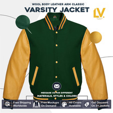 Varsity Letterman Jacket For Men Women  Kids Forest Green Body Gold Sleeves