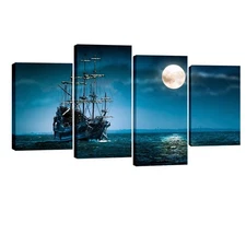 Night Navigation 4 Piece Modern Stretched Seascape Artwork Canvas Prints Moon...