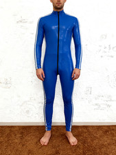 100 Latex Catsuit Rubber Gummi Bodysuit Blue Jumpsuit Front Zipper S-XXL
