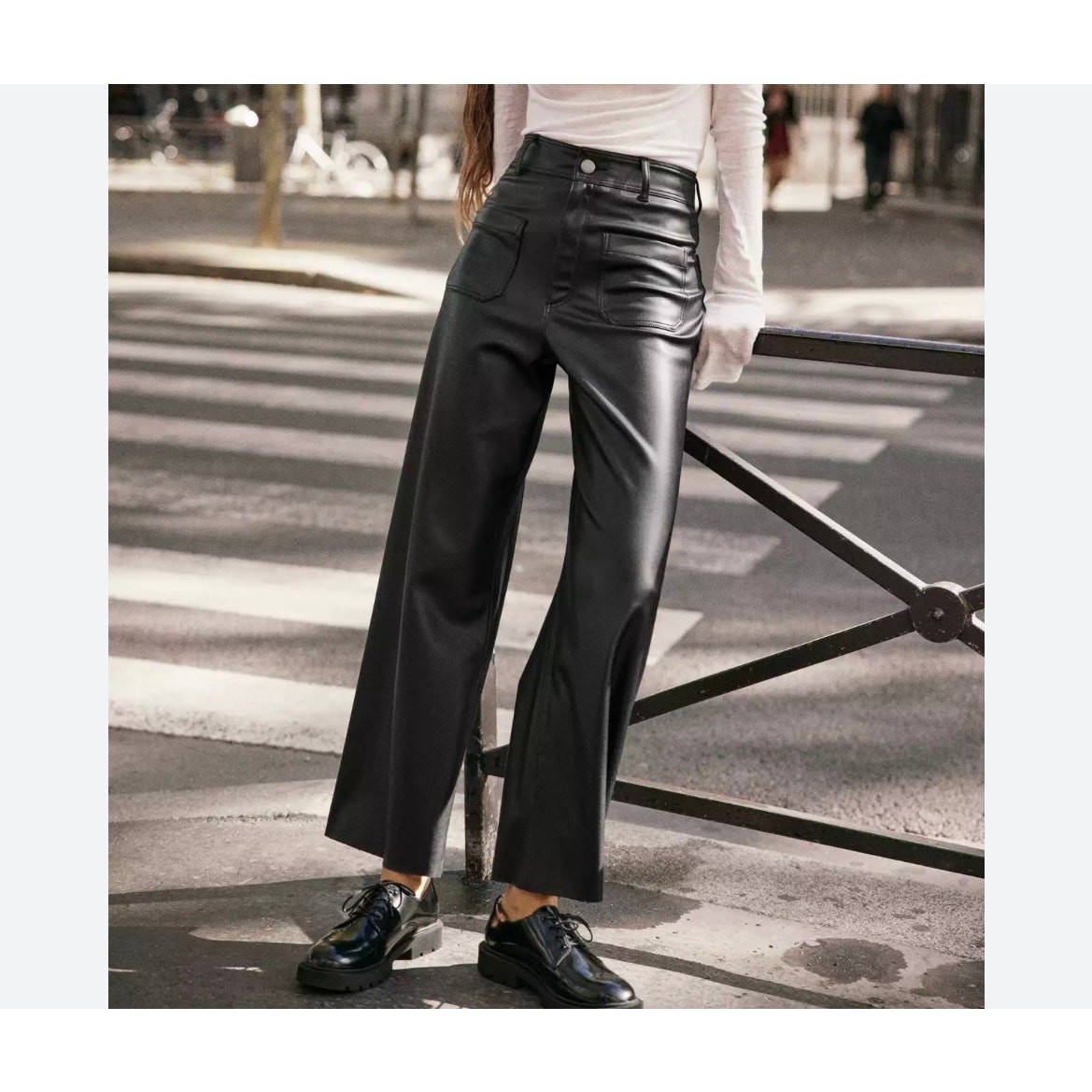 Zara women’s wide leg high rise faux leather pants Sz 4 black  thumbnail 2