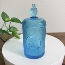 Blue Glass Owl Covered Candy Jar Apothecary Canister 7&rdquo; Vintage Mosser Style