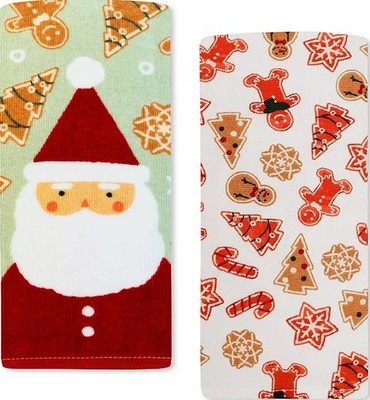 2 Different Kitchen Towels (15''x26'') CHRISTMAS, SANTA & GINGERBREAD COOKIES, SNS