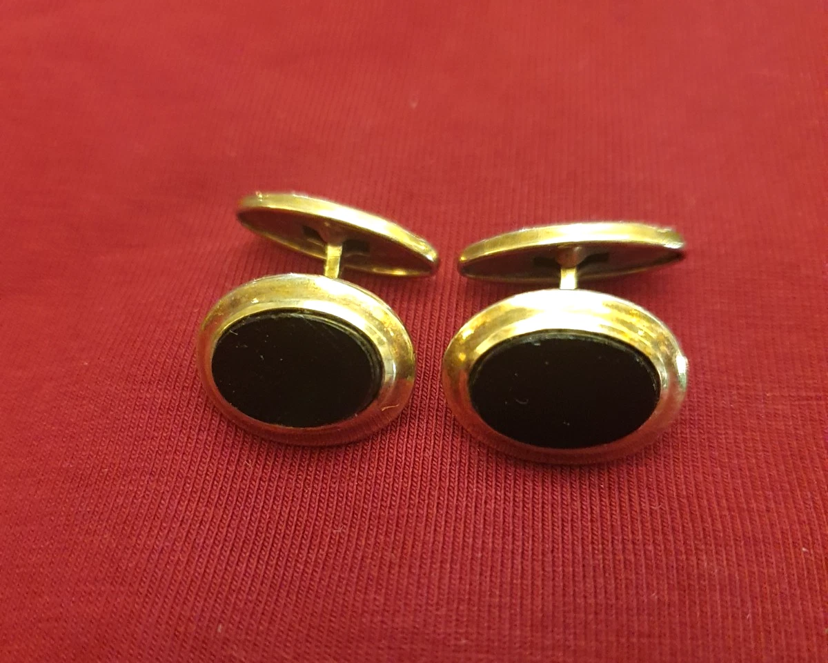 Lot De Boutons De Manchette Homme Vintage Ronds En Onyx Noir Avec Motif Or - Bijou Collection