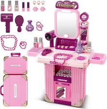 deAO Kids Dressing Table, Pink Dressing Table with Suitcases, Make Up Desk Girl