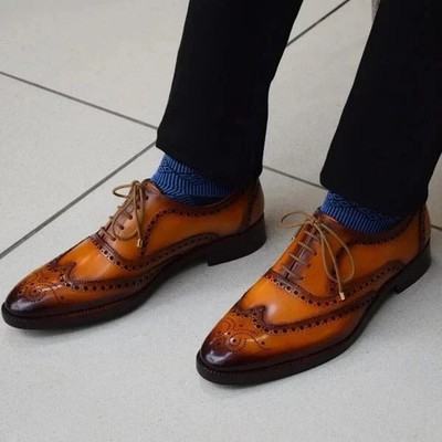 New Handmade Brown Genuine Leather Wingtip Oxford Lace Up Formal Shoes For Men