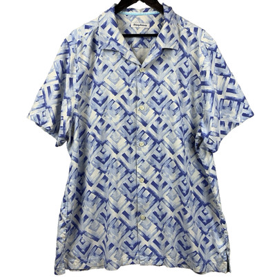 TOMMY BAHAMA Button Up Silk Shirt Men's Extra Extra Large Blue Geometric Pattern