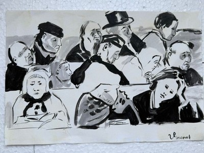 VINCENT VAN GOH drawing and painting on old paper signed stamped vintage
