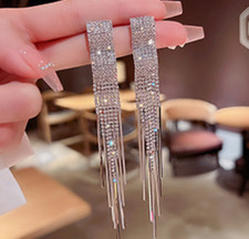 Long Tassel Geometric Drop Earrings Oversize Shiny Crystal Earrings Jewelry