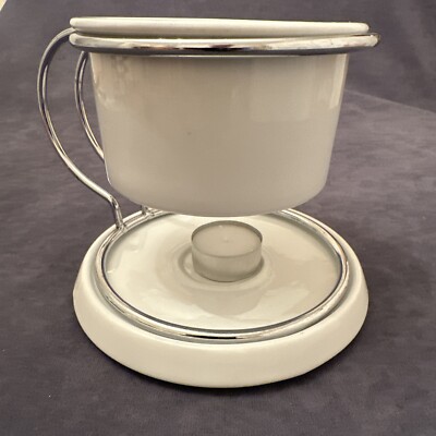 Vintage Fondue - Stövchen - Sauce - Soße Kupfer & Messing Brenner weiß Keramik Topf