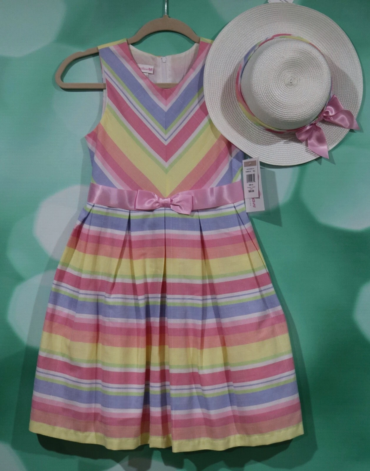 Bonnie Jean Girls Size 12 Striped Linen Pink Bow Sash Hat And Dress MSRP $68