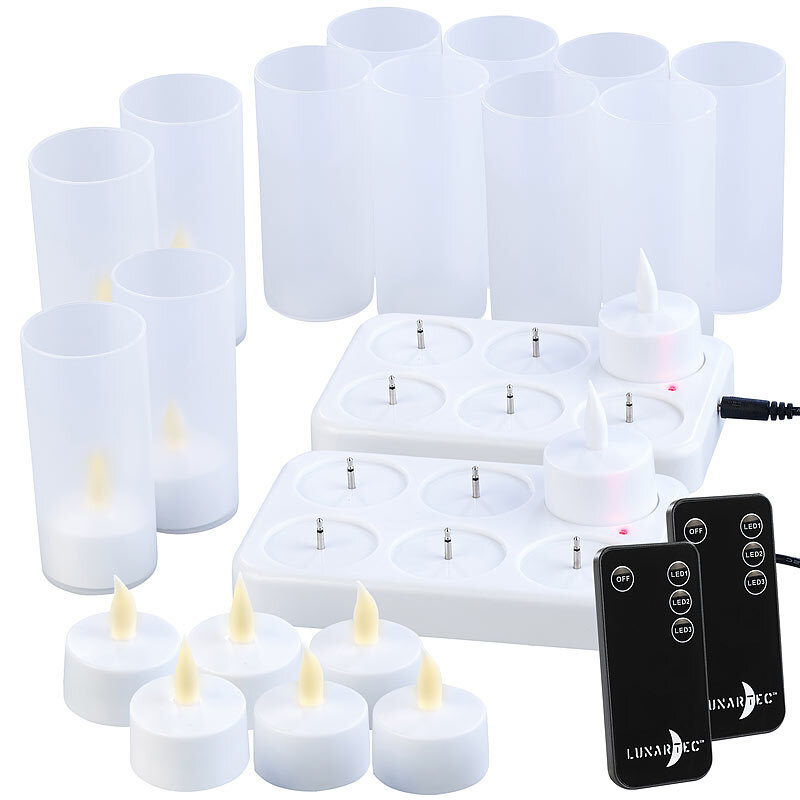 Lunartec 12er-Set Akku-LED-Teelichter mit Ladestation, Fernbedienung, 15 Std.