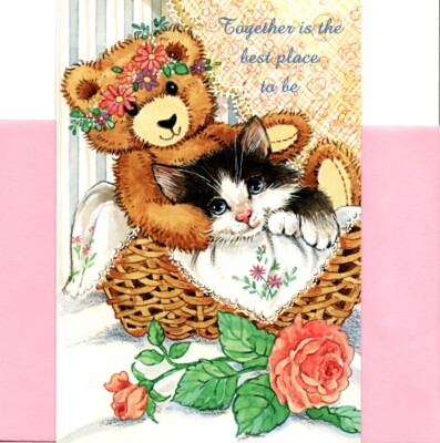 Kittens Friend & Snuggle Bear Friendship Blank Inside Olympia Greeting Note Card
