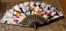 LOVELY HAND PAINTED SILK HAND FAN FLORAL ON BLACK WITH SILVER ACCENTS
