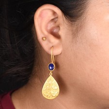 Hand Carved 18k Gold Plated Teardrop Lapis Earrings Sterling Silver Gift Jewelry