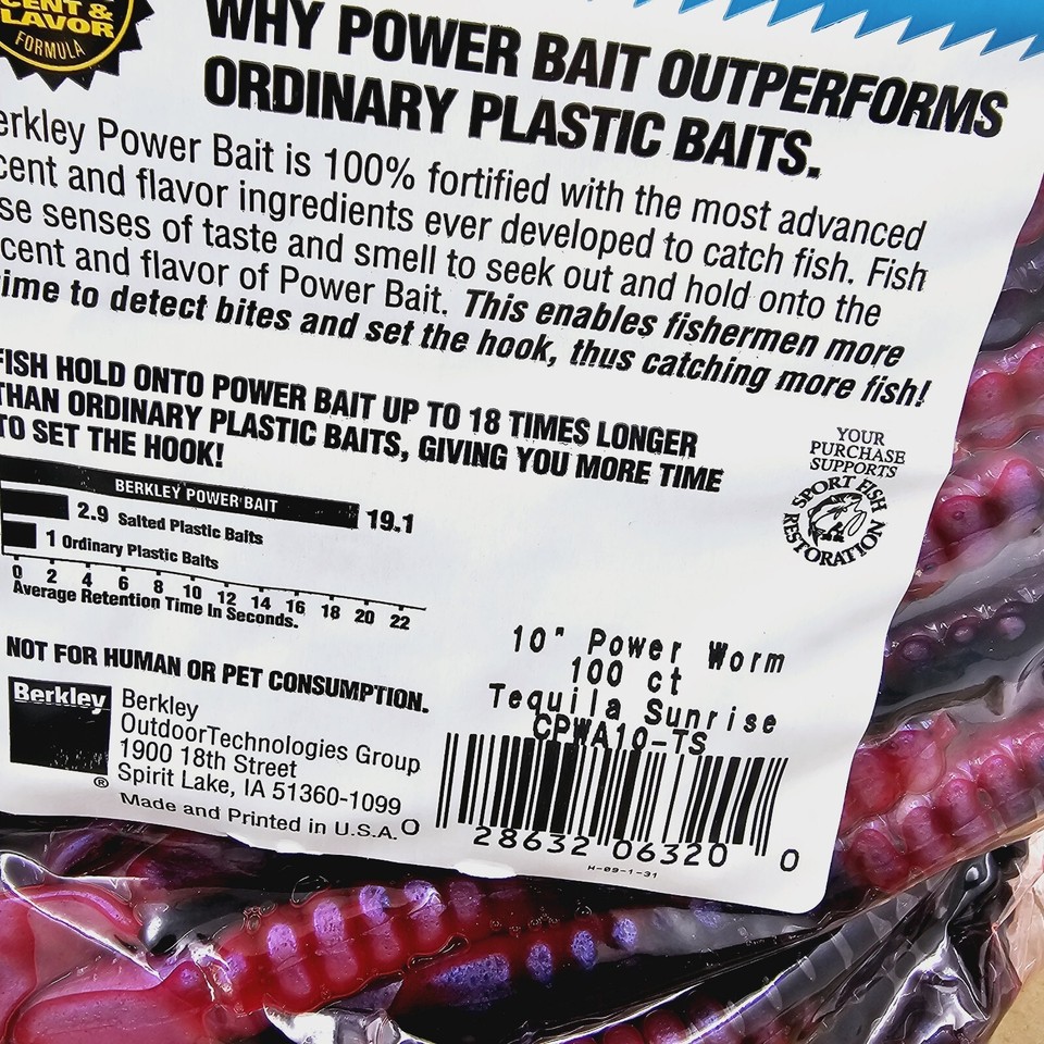 Berkley PowerBait 10" Power Worm CPTWA10TS Tequila Sunrise 100 Count