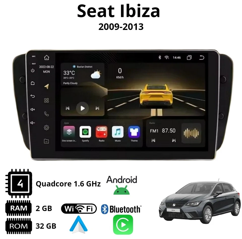 Autoradio 2 DIN Android 13 9" CarPlay GPS WiFi Plug&Play Seat Ibiza 6J 2009-13 - Immagine 4 di 4