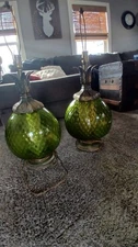 2 Vintage GREEN GLASS GLOBE LAMP BASE Hollywood Regency Mid Century Modern Works
