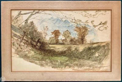 Antique Early 20th C. Original Landscape Watercolor ''Autumn Field and Farmhouse''