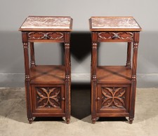 35" Tall Pair of Antique French Gothic Walnut Nightstands with Marble Tops