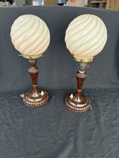 Pair Art Deco Table Lamps Pink Swirl Glass Shades Bakelite Faux Burl Base 1930s