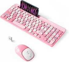 Retro Wireless Keyboard Mouse Combo Pink-Colorful 2.4GHz Full-Size