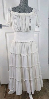 venus womens dress Gathered Waist White Size Medium Tired Elastic Neck Sundress