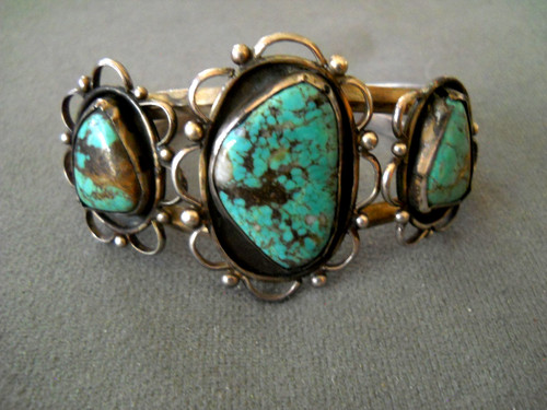 Native American Navajo Webbed Blue-Green Turquoise Sterling Silver Cuff Bracelet