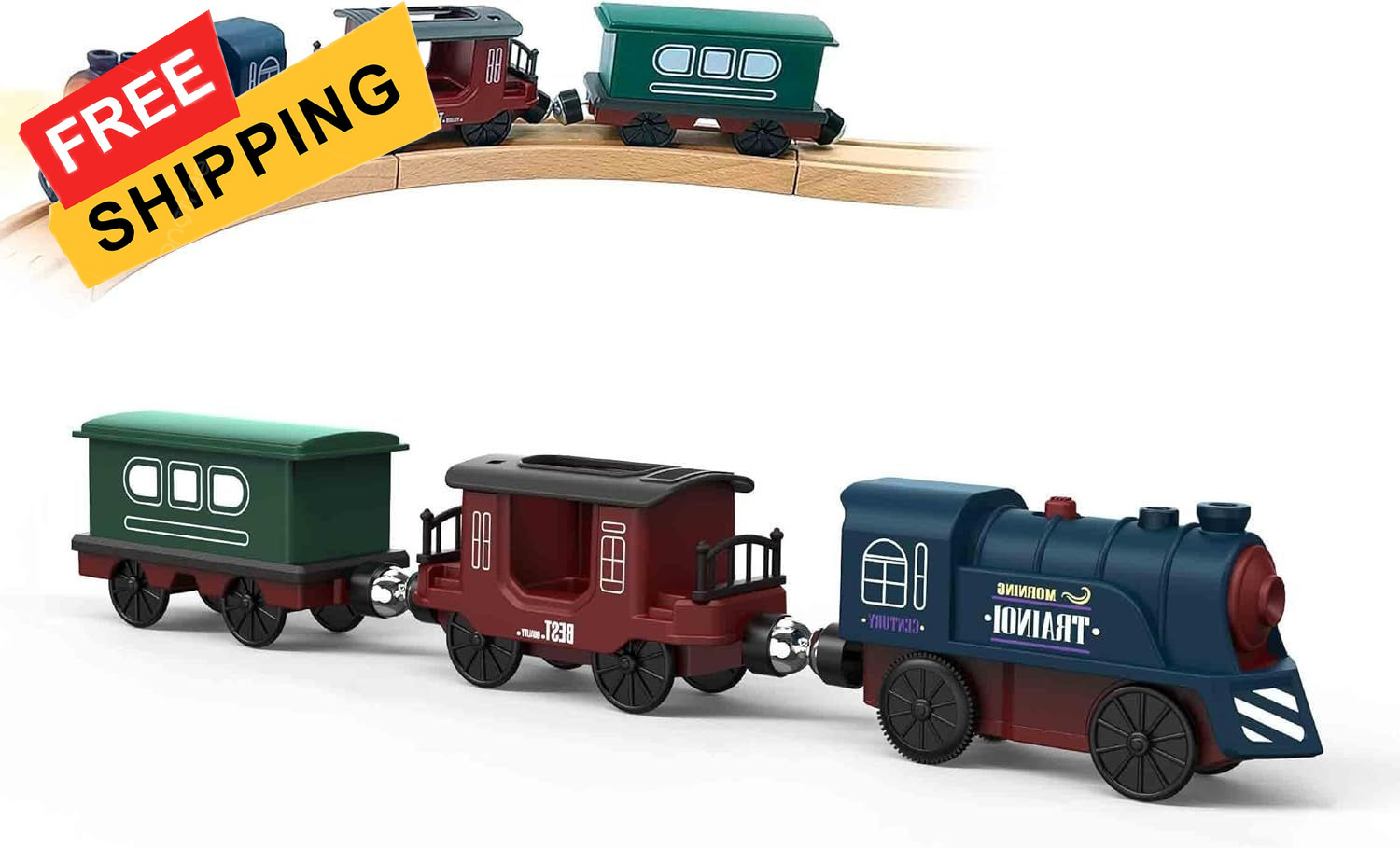 Battery Operated Train for Wooden Track, 3Pcs Motorized Toy 3 4... 