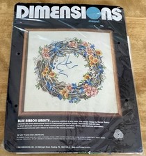 1984 Dimensions Crewel Kit, Blue Ribbon Wreath-Karen Avery 1270, Open Package