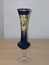 Venetian Blue Glass Hand Painted Raised Flowers 25 cm Vase