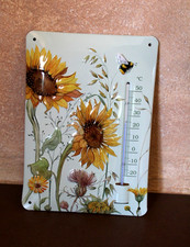 Blechschild mit Thermometer, Sonnenblumen/Bie...