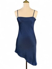 Forever21 Women’s Blue Satin Spaghetti Strap Mini Dress Asym Hem Silvique Size S