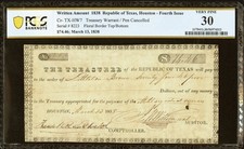 Republic of Texas 1838, Houston Treasury Warrant Government $74 Banknote, PCGS