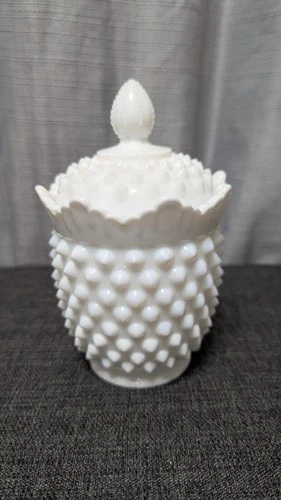 Vintage Fenton White Milk Glass Hobnail Sugar Bowl - Jar - Candy Bowl With Lid