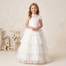 Trish Scully Gown Girls 6 White Lace Tulle Tiered Flower Girl Communion Ruffle