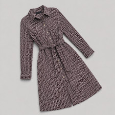 Talbots Shirt Dress Equestrian Print Jersey  Belted Long Sleeve Brown Petite MP