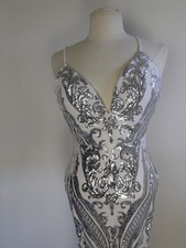 WINDSOR White Gala Homecoming Prom Silver Sequin Gown Small Strappy Tie Back 