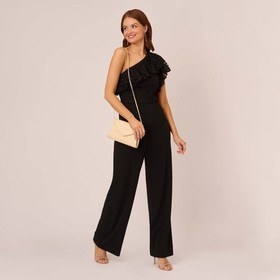 Adrianna Pappell One Shoulder Crepe Jumpsuit With Lace Ruffle Black Size 8